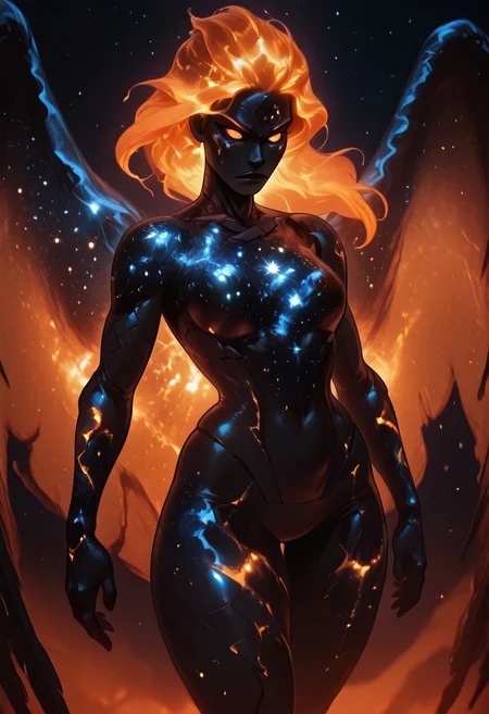 masterpiece, amazing quality, best quality, ultra-detailed, 8K, ultra-detailed-eyes, newest, highres, absurdres, volumetric lighting, raytracing, soft lighting, bloom effect, glow, shining, intricate cinematic background, <lora:SpaceGoddess:1> sp4ce-g0dd3ss,  <lora:Glowing_Hair:1> h41rgl0w, glowing hair, orange hair, (dynamic pose, dynamic angle), large wings, 
constellations, light, darkness, shadow, ice, silhouette, 1girl, solo, serious , orange aura, nebula, space, stars, black armor, black skin, glowing veins,  <lora:The_Alphabet_Style_-_Illustrious:1> th3-4lph4b3t-t4g, <lora:reij-rt:1> <lora:spo_sdxl_10ep_4k-data_lora_webui:1>