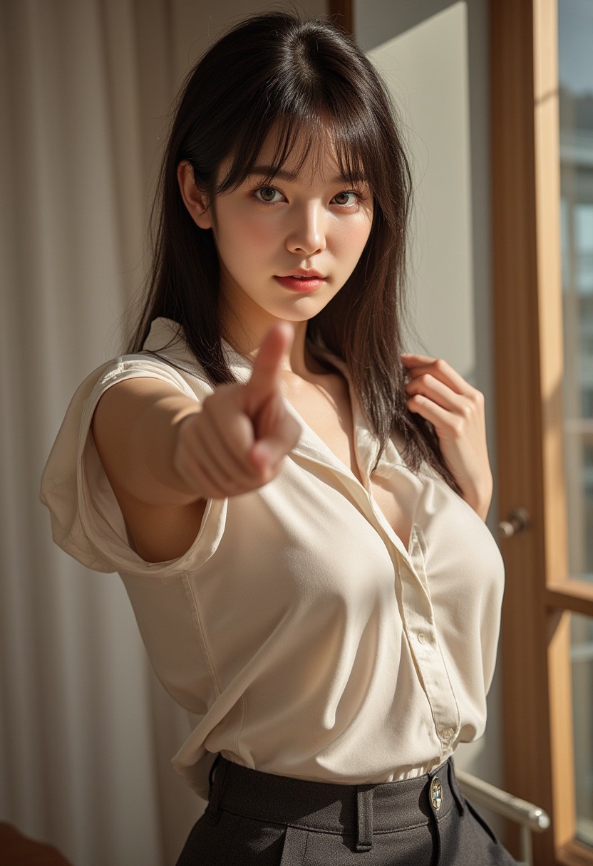 1girl, side view, cleavage, oiled skin, warm afternoon light, black streaked hair, brown colored eyes, blue eyeshadow, random length hair, random shape hair, random hair accessories, (full body:1.8), (Office background), pointing and teaching viewer with pencil, random pose, (random colored suit :1.2), real art, (masterpiece), (best quality), highres, 8k, (realistic, photo-realistic:1.4), (korean idol:1.3), ((beauty 21 years old)), naturalness, ultra detailed, beauty and healthy, detailed beautiful eyes and detailed face, huge breasts, very loose shirt, ((opened clothes)), (no bra:1.1), (navel exposed:1.5),((thigh exposed:1.2)), covered nipples, delicate facial features, mixed American Korean actress, sexy Korean female idol-type face, natural and detailed beauty doll face, ((Peaceless beauty face: 1.2)), an expressionless face, greatest glamorous body type, flim grain, perfect dynamic composition, beautiful detailed eyes, (huge breasts:1.2), ultra-detailed realistic photo,