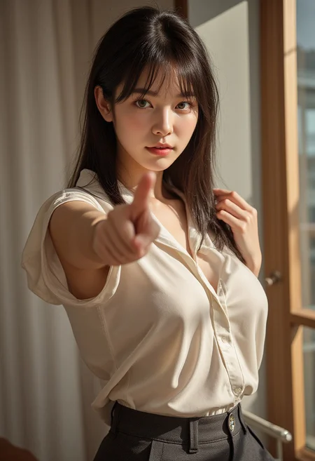 1girl, side view, cleavage, oiled skin, warm afternoon light, black streaked hair, brown colored eyes, blue eyeshadow, random length hair, random shape hair, random hair accessories, (full body:1.8), (Office background), pointing and teaching viewer with pencil, random pose, (random colored suit :1.2), real art, (masterpiece), (best quality), highres, 8k, (realistic, photo-realistic:1.4), (korean idol:1.3), ((beauty 21 years old)), naturalness, ultra detailed, beauty and healthy, detailed beautiful eyes and detailed face, huge breasts, very loose shirt, ((opened clothes)), (no bra:1.1), (navel exposed:1.5),((thigh exposed:1.2)), covered nipples, delicate facial features, mixed American Korean actress, sexy Korean female idol-type face, natural and detailed beauty doll face, ((Peaceless beauty face: 1.2)), an expressionless face, greatest glamorous body type, flim grain, perfect dynamic composition, beautiful detailed eyes, (huge breasts:1.2), ultra-detailed realistic photo,