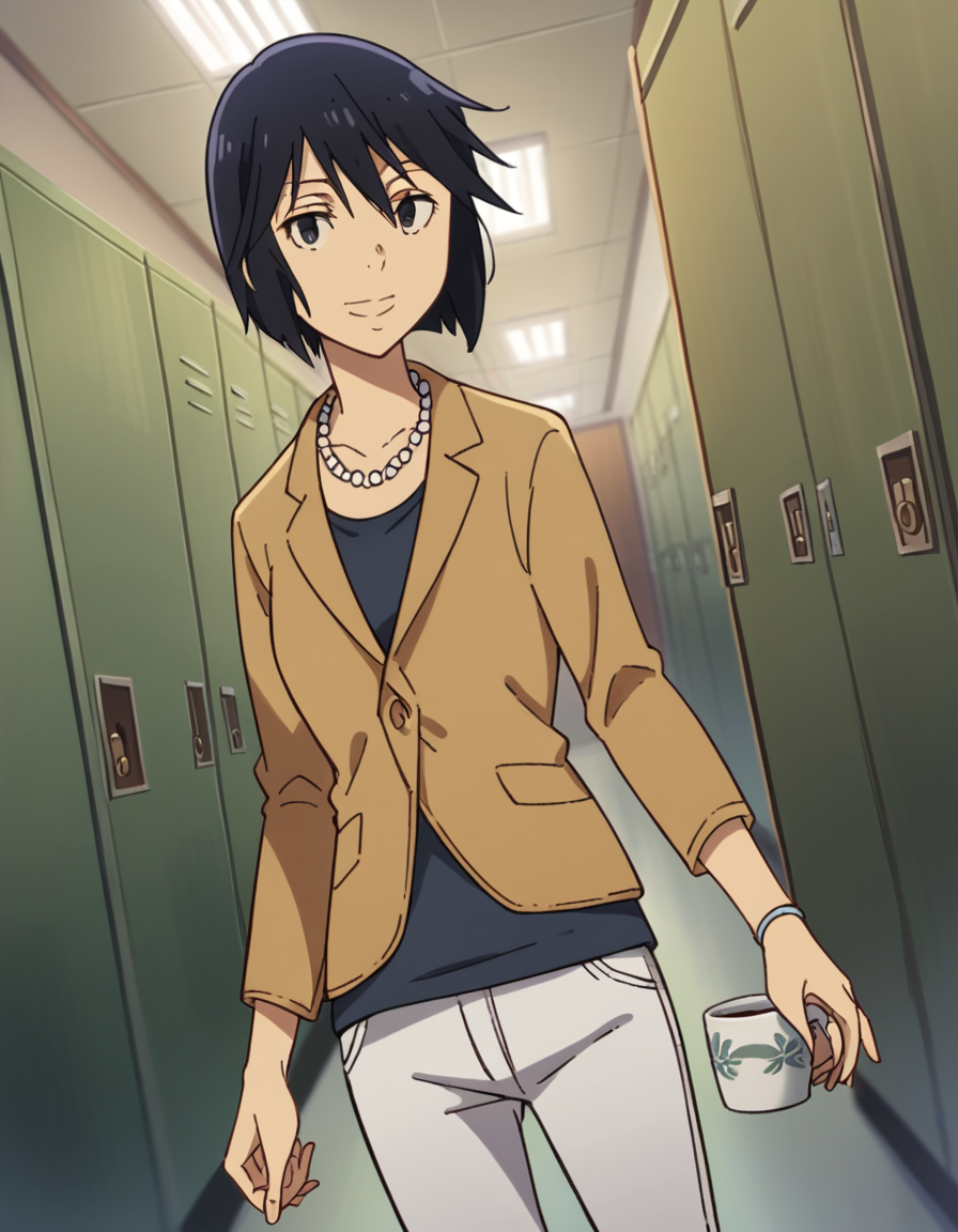 score_9, score_8_up, score_7_up, source_anime, <lora:sachiko-fujinuma-s1-ponyxl-lora-nochekaiser:1>, sachiko fujinuma, short hair, black hair, black eyes,, jewelry, jacket, pants, necklace,, school hallway, lockers, between classes, everyday life, smile, looking at viewer, hand holding a cup, solo,, cowboy shot, dutch angle