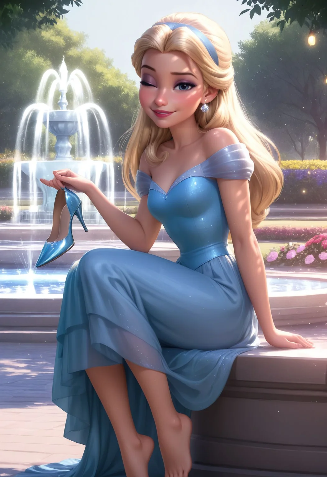 Smooth Quality, HDR, beautiful and intricate hair, protruding lips, lipstick, eyeliner, 1girl, cinderella \(disney\), dress, smug, one eye closed, holding high heels, sparkling high heels, looking at viewer, sitting, cowboy shot, outdoors, garden, fountain, barefoot, toes,