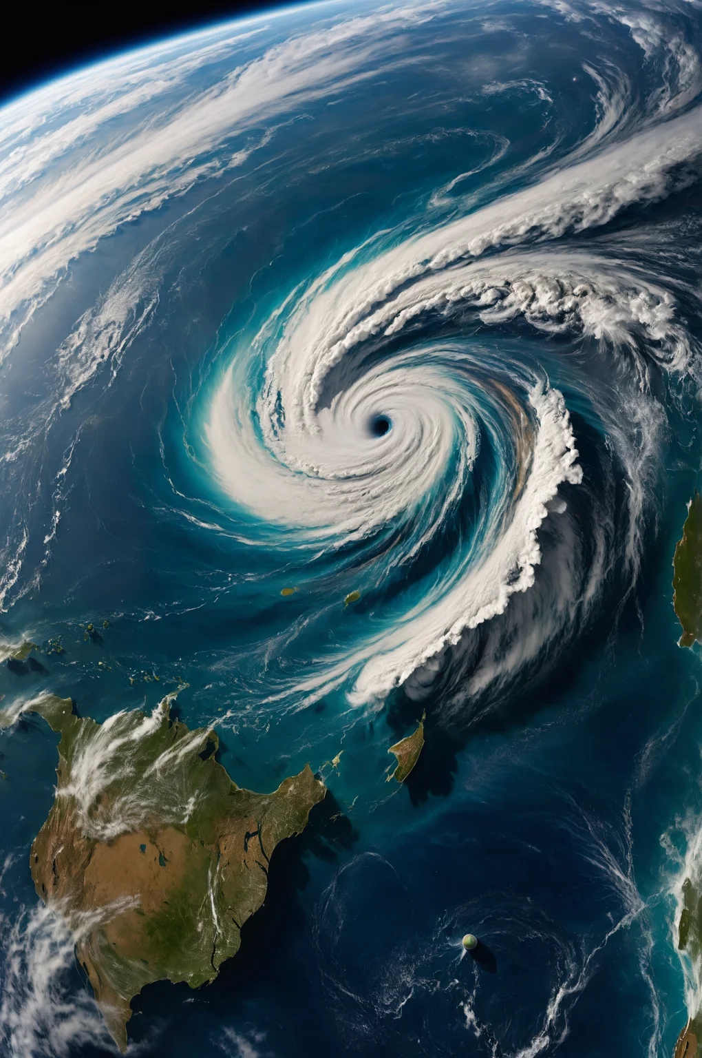 two absolutely massive hurricanes colliding over the ocean,seen from space,planet earth from the IIS,<lora:add-detail-xl:1>,<lora:detailed_notrigger:1>,<lora:SDXLFaeTastic2400:1>,