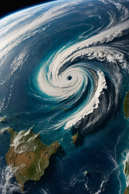 two absolutely massive hurricanes colliding over the ocean,seen from space,planet earth from the IIS,<lora:add-detail-xl:1>,<lora:detailed_notrigger:1>,<lora:SDXLFaeTastic2400:1>,