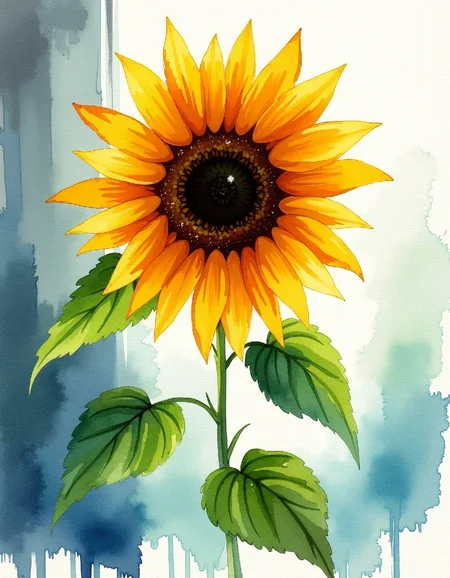 water color image on rough paper, Wet watercolor painting of a sunflower with dripping colors; petals spread wide and fluid, edges blending into surrounding space. Sunlight pours in from side, casting warm glow through window. Paper absorbs excess liquid, creating soft backgrounds of blues and yellows. Pencil sketch on edge shows initial composition. Canvas or board texture visible; brushstrokes evident. Scene captures ethereal quality of watercolor medium, embodying natural forms with expressive technique.