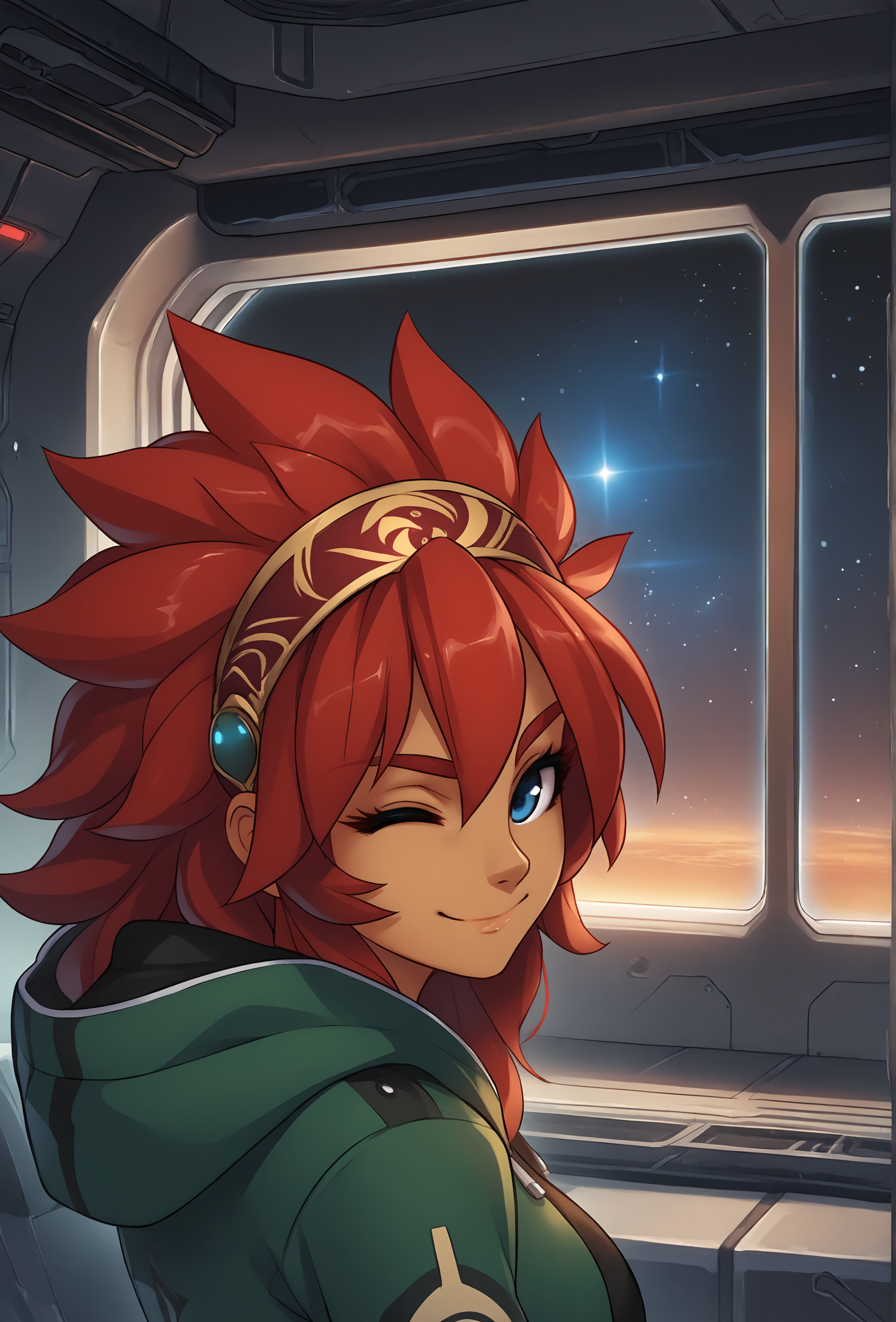 spacecraft, indoors, plant, shiny floor, window, starry sky, black sky  BREAK
<lora:ayn_fluffkevlar_ponyXL_v1.3_0.99:1> ayn, 1girl, human, dark skin, blue eyes, red hair, hairband, red eyebrows, long hair, looking at viewer, smile, green jacket, open jacket, hoodie, winking, closed mouth