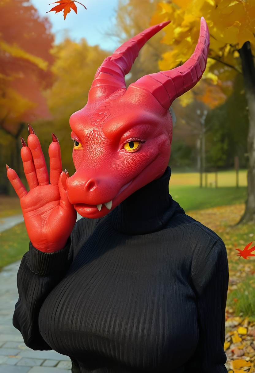 score_9, score_8_up, score_7_up, <lora:Bdrgon:1.0>, solo, bdrgon, dragon, big breasts, black sweater, turtleneck, turtleneck sweater, ribbed sweater, long sleeves, waving, outdoor, autumn, autumn leaves, silicone fox head with nose, <lora:Silicone Sex Doll:1.0>, made from silicone, fangs, claws, sideview, look at the viewer, <lora:Colored_Skin-Pony-V1.0:1>, burgundy color skin, scales skin, high quality skin texture,