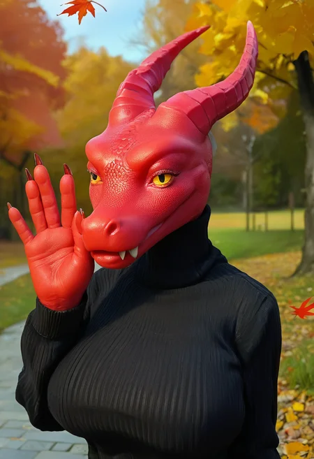 score_9, score_8_up, score_7_up, <lora:Bdrgon:1.0>, solo, bdrgon, dragon, big breasts, black sweater, turtleneck, turtleneck sweater, ribbed sweater, long sleeves, waving, outdoor, autumn, autumn leaves, silicone fox head with nose, <lora:Silicone Sex Doll:1.0>, made from silicone, fangs, claws, sideview, look at the viewer, <lora:Colored_Skin-Pony-V1.0:1>, burgundy color skin, scales skin, high quality skin texture,
