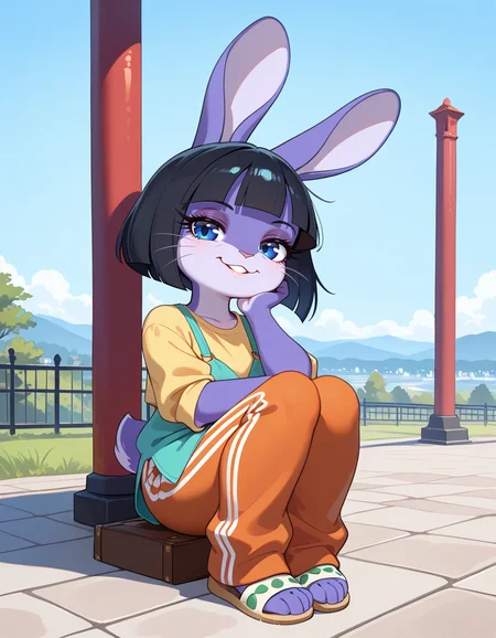 masterpiece, best quality, very aesthetic, absurdres,
outdoors, casual,
full body, posing,
seductive smile, parted lips, long eyelashes,
<lora:Marlenne_v02_NAIXL:1>
m4rl3nn3,1girl,solo,furry,furry female,rabbit girl,black hair,short hair,blunt bangs,rabbit ears,blue eyes,animal nose,whiskers,body fur,purple fur,rabbit tail,