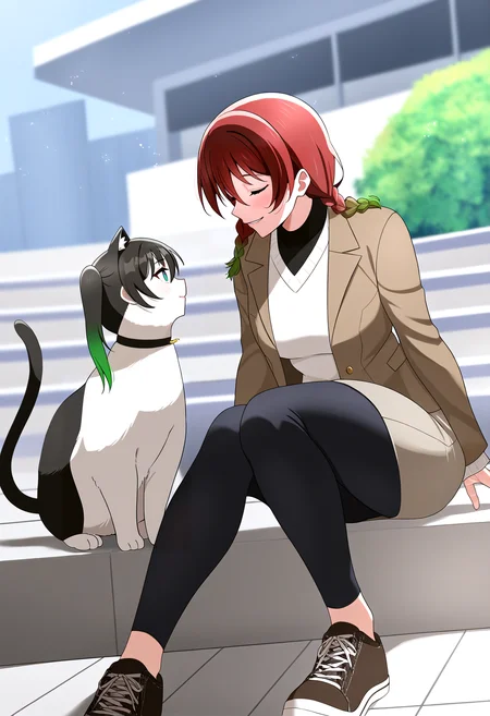 very awa, masterpiece, best quality, year 2024, newest, highres, absurdres, <lora:age_slider_v4:3> <lora:thicc_v1.4-pony:1.2>,detailed_background,outdoors,sneakers,person and animalization,brown cat,looking at another,v-neck,black shirt,closed eyes,medium hair,absurdres,twintails,parted lips,pants,love live! nijigasaki high school idol club,takasaki yu,white sweater,long sleeves,brown footwear,multiple girls,black footwear,2girls,animalization,light particles,brown jacket,sweater,braid,low twin braids,multicolored hair,black hair,yagino koneroku,shirt,dated,twin braids,medium skirt,highres,long hair,skirt,jacket,gradient hair,black pants,shoes,full body,green hair,sleeves past wrists,love live!,orange shirt,two-tone hair,casual,brown hair,sitting,emma verde,blue eyes,brown skirt