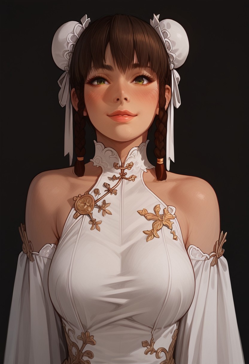score_9, score_8_up, score_8. score_9, score_8_up, score_7_up, score_6_up, masterpiece, 4k, high quality, (best quality:1.1), ExpressiveH
1girl, LeiFangDOA, brown hair, twin braids, double bun, bun cover, large breasts, blushing, looking at viewer, smiling, g0dd3ss, white dress
green background