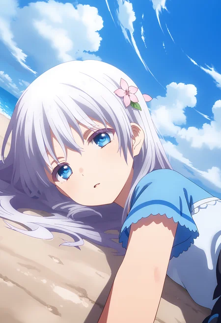 Naruse Shiroha,1girl,solo,sky,cloud,looking at viewer,day,blue sky,outdoors,dress,parted lips,upper body,lying,flower,hair flower,short sleeves,white dress,on_side,head on ground,half-closed eyes
<lora:Naruse Shiroha_pony-000058:1>