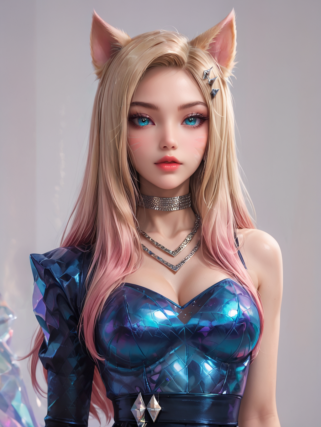 1girl, k/Da (league of legends), ahri, (official k/da), (league of legends), blonde pink hair, fox ears, k/da two-tone outfit, <lora:AhriPonyV1:0.6>
looking at viewer, waist up shot,