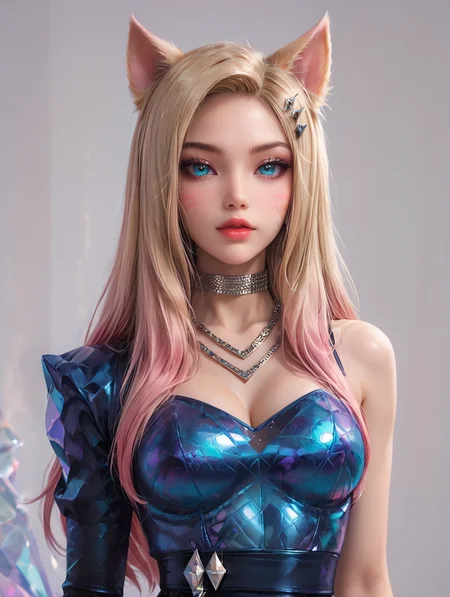 1girl, k/Da (league of legends), ahri, (official k/da), (league of legends), blonde pink hair, fox ears, k/da two-tone outfit, <lora:AhriPonyV1:0.6>
looking at viewer, waist up shot,