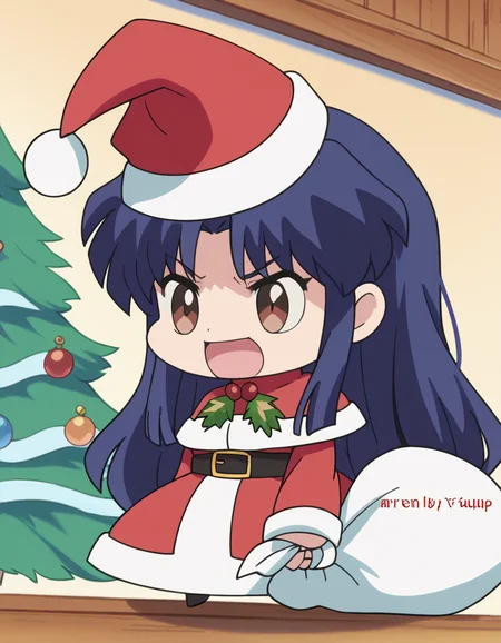 score_9, score_8_up, score_7_up, source_anime, <lora:akane-tendou-s1-ponyxl-lora-nochekaiser:1>, akane tendou, long hair, black hair, brown eyes, blue hair, sidelocks, medium breasts, anime screencap,, <lora:padoru-ponyxl-lora-nochekaiser:1>, padoru, padoru (meme), holding sack, sack, santa hat, meme, christmas, open mouth, chibi, red capelet, santa dress, capelet, fur-trimmed headwear,, , dutch angle, cowboy shot