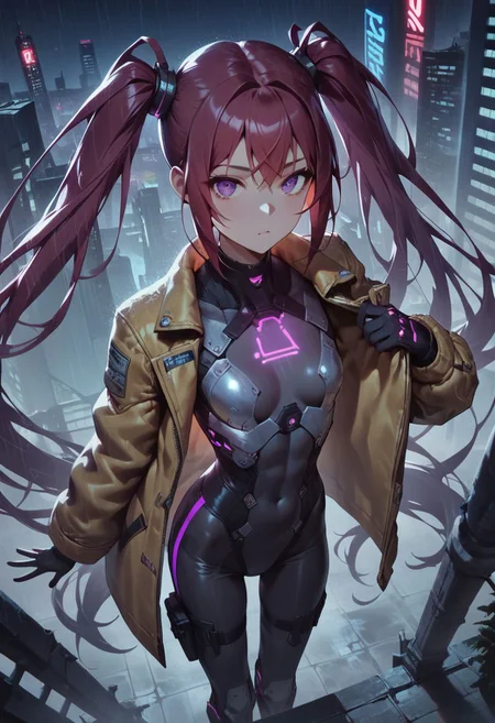 score_9, score_8_up, score_7_up, score_6_up, score_5_up, score_4_up, source_anime, 1 girl, (from above:0.8), face focus, looking at viewer, bright red hair, very long hair, twintails, bright violet eyes, small chest, slim, small waist, ciber suit, ciber armor, bodysuit, rain coat, neon lights, city ruins, black sky, clear night sky, starry night, stars in the sky, skyscrapper roof