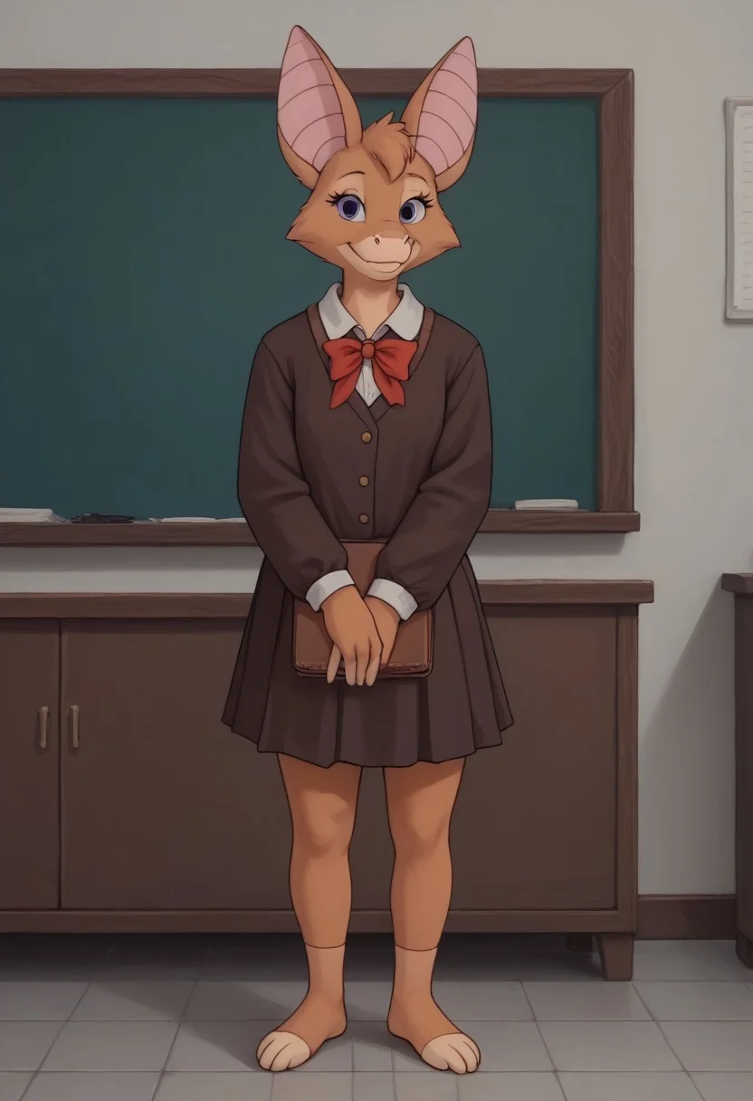 Score 9, Score_8_up, Score_7_up, source furry, (full body in frame:2.0), Foxglove bat, bat girl, bat feet, very big bat wings, bat wings much bigger than body, (soviet school classroom:1,4), indoors, 3/4 side view, wide smile, looking at viewer, medium boobs, sexy school uniform, SFW