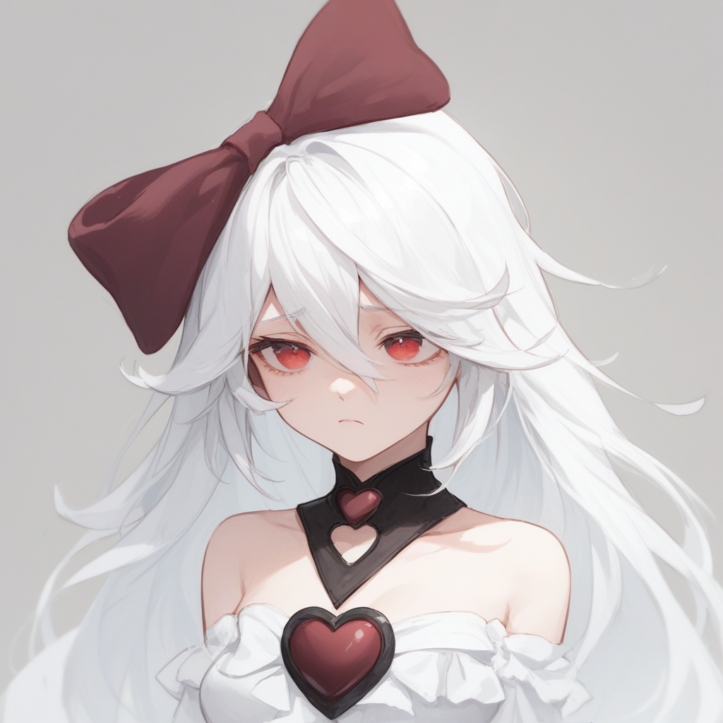 score_9, score_8_up, score_7_up, sinestrea, 1girl, white hair, bare shoulders, white dress, frown hair bow, long hair, heart brooch, medium breasts, hair bow, ribbon, red eyes,