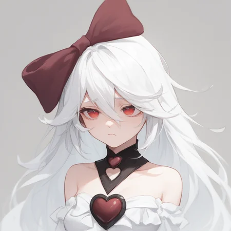 score_9, score_8_up, score_7_up, sinestrea, 1girl, white hair, bare shoulders, white dress, frown hair bow, long hair, heart brooch, medium breasts, hair bow, ribbon, red eyes,