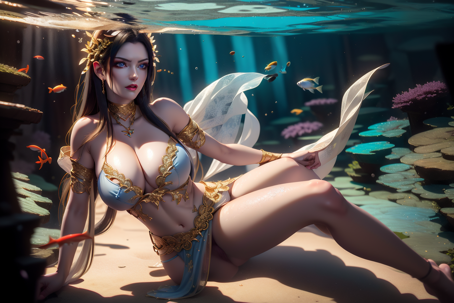1girl,jewelry,breasts,necklace,cleavage,solo,earrings,underwater,dress,blue_eyes,fish,looking_at_viewer,lips,medium_breasts,realistic,signature, <lora:MIAOKA_Meidusha_v1.0:1>mds