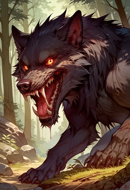 score_9, score_8_up, score_7_up, source_anime, solo, looking at the viewer, ( Giant wolf, black fur, fangs, drool, tail), scary, simple background, (detailed image, high resolution, 5k resolution:1.0), (forest, rocks, plants)