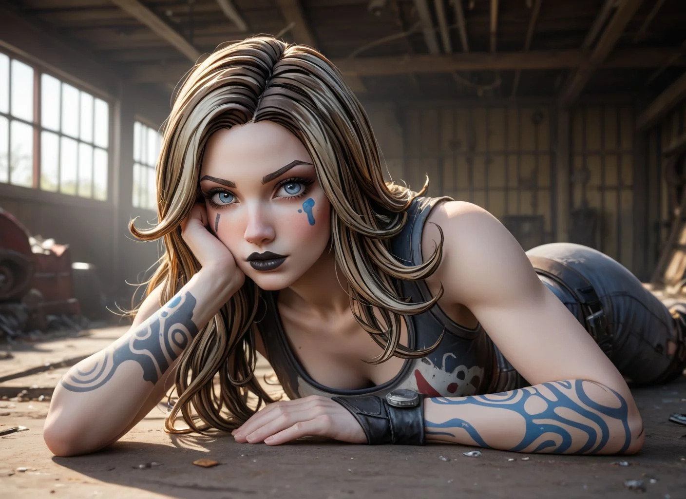 (Borderlands art-style, graphic novel, concept, black accent lines on (face, body, clothing)), abandoned garage
(1girl, beautiful 25yo, tiny perky breasts, (medium-brown skin), athletic, (medium-brown long hair), big light-blue eyes, black lipstick), (Borderlands character, grunge urban-combat clothing), random pose, prone, side-front view, looking at viewer, close-up
8k detailed, cinematic, dramatic lighting
