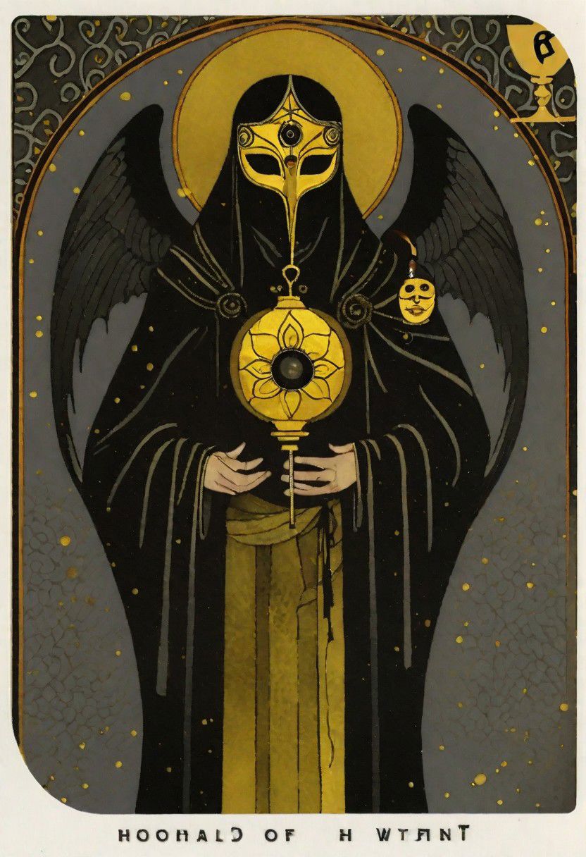 dark grey background, art déco, occultist, antiquarian, byzantine man in black and yellow robes, ornate lantern, ((man wearing golden mask)), (man wearing turban), ((upwards shoulder pads)), demon and angel