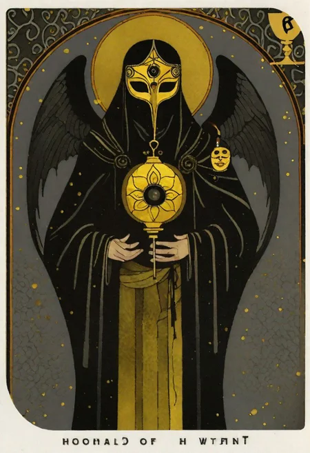 dark grey background, art déco, occultist, antiquarian, byzantine man in black and yellow robes, ornate lantern, ((man wearing golden mask)), (man wearing turban), ((upwards shoulder pads)), demon and angel