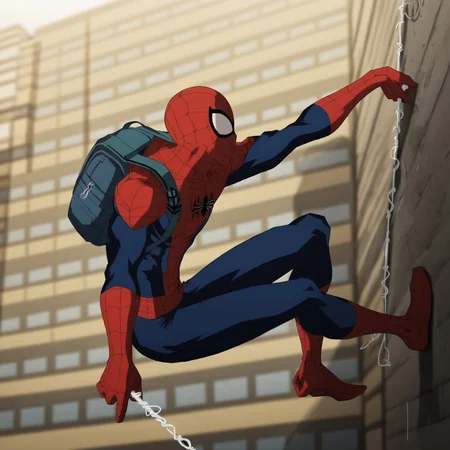 spider web, city, backpack, outdoors, white background, perched pose, flexible, spider-man, holding web, on wall