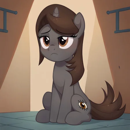masterpiece, perfect detail, best high quality, source_pony, show accurate, cute, 1girl, solo, female, oc:sonata, pony, no light, prison, imprisoned, behind bars, sitting, frown, dejected frown, sad, lidded eyes, beautiful, looking down at floor, score_9, score_8_up, score_7_up, score_6_up, score_5_up, score_4_up