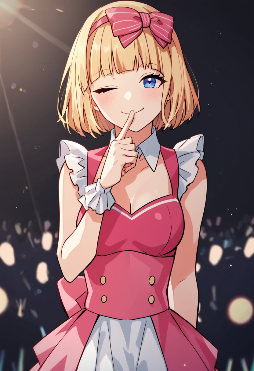 narumi_mona, blonde hair,bob cut hair, short hair, ,bangs, blue eyes, medium breasts, pink  idol outfit
BREAK
indoor, concert stage, audience behind, glowsticks
BREAK
cowboy shot, looking at viewer, standing,closed mouth, sexy smile, front view, flirty, shushing, finger near mouth, one eye closed
BREAK
score_9, score_8_up, score_7_up, source_anime ,zPDXL, <lora:Mona:0.8>,