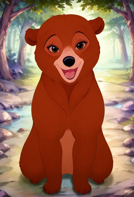 Bear, cartoon, female, Nita, Disney, 2d, detailed forest background, bipedal, full body, <lora:J_cartoon:0.7>, j_cartoon, <lora:MeekoXL:0.9>, Disney, score_9, score_8_up, score_8, solo, (feral), detailed fur, ((happy expression)), ((looking at viewer seductively:1.6)), breathtaking, environmental lighting, professional, highly detailed, ((detailed shaders)), beautiful, high quality, night-time, outdoors, dark forest, <lora:Furtastic_Detailer:1>