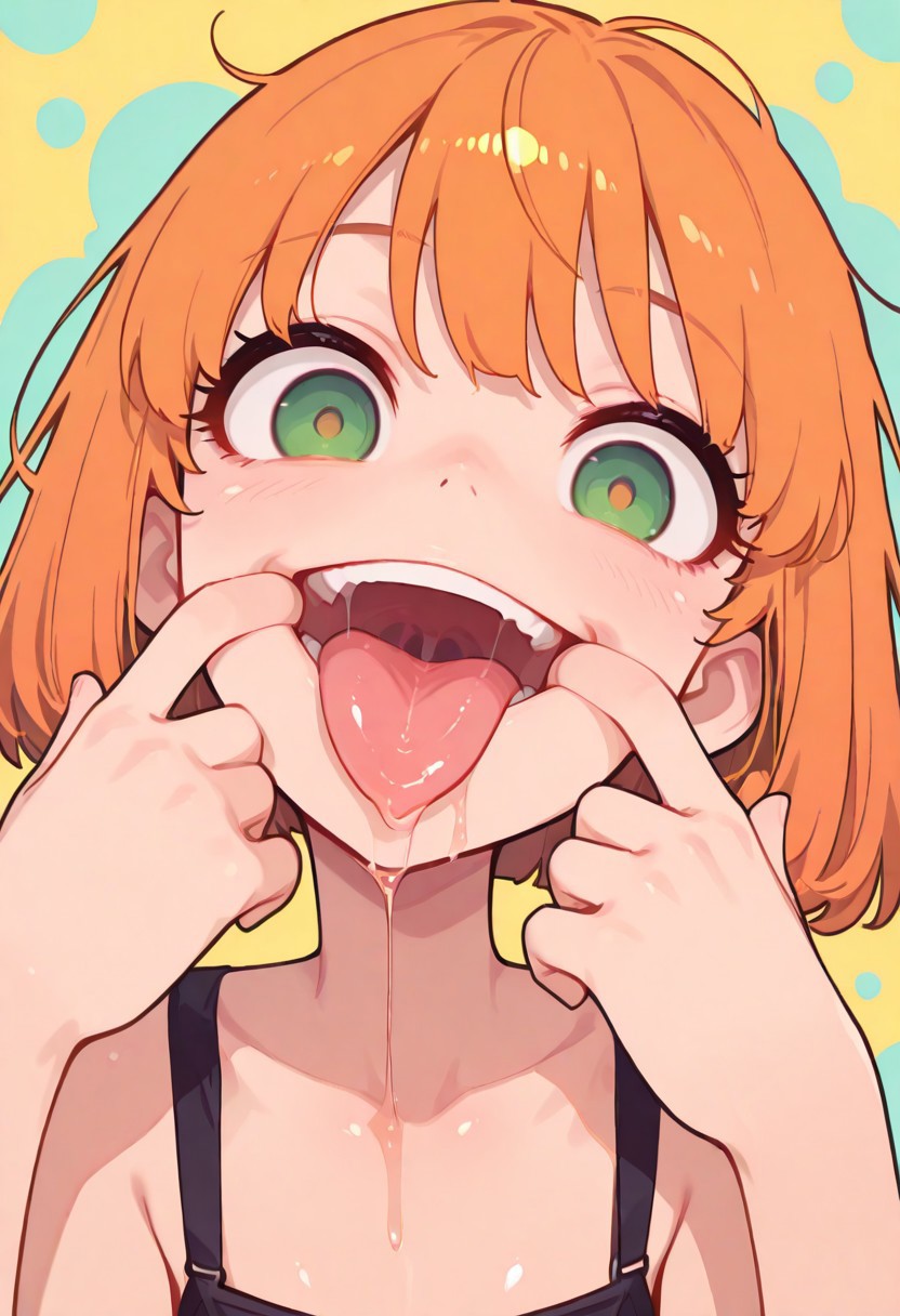 masterpiece,best quality, newest, Smooth, very awa, very aesthetic, flat colors, 1girl, solo, cute, kawaii, orange hair, bob cut, green eyes, fair skin, shiny skin, messy hair, looking at viewer, oral invitation, open mouth, sticking tongue out, drool, saliva, excessive saliva, close up, tilt head, smile, thick tongue, crazy eyes, self forced smile, fingers in mouth, rear view, mouth focus, mouth pull,
Colorful themes, High Saturation, haiz_ai,
<lora:ponyv6_noobE11_2_adamW-000017:0.7> <lora:MeMaXL4:0.8> <lora:veluflora-wai:0.35> <lora:haiz_ai_illu:0.7>