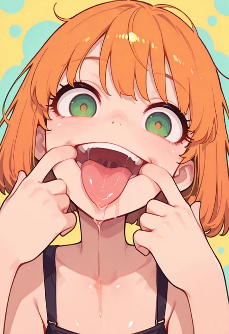 masterpiece,best quality, newest, Smooth, very awa, very aesthetic, flat colors, 1girl, solo, cute, kawaii, orange hair, bob cut, green eyes, fair skin, shiny skin, messy hair, looking at viewer, oral invitation, open mouth, sticking tongue out, drool, saliva, excessive saliva, close up, tilt head, smile, thick tongue, crazy eyes, self forced smile, fingers in mouth, rear view, mouth focus, mouth pull,
Colorful themes, High Saturation, haiz_ai,
<lora:ponyv6_noobE11_2_adamW-000017:0.7> <lora:MeMaXL4:0.8> <lora:veluflora-wai:0.35> <lora:haiz_ai_illu:0.7>