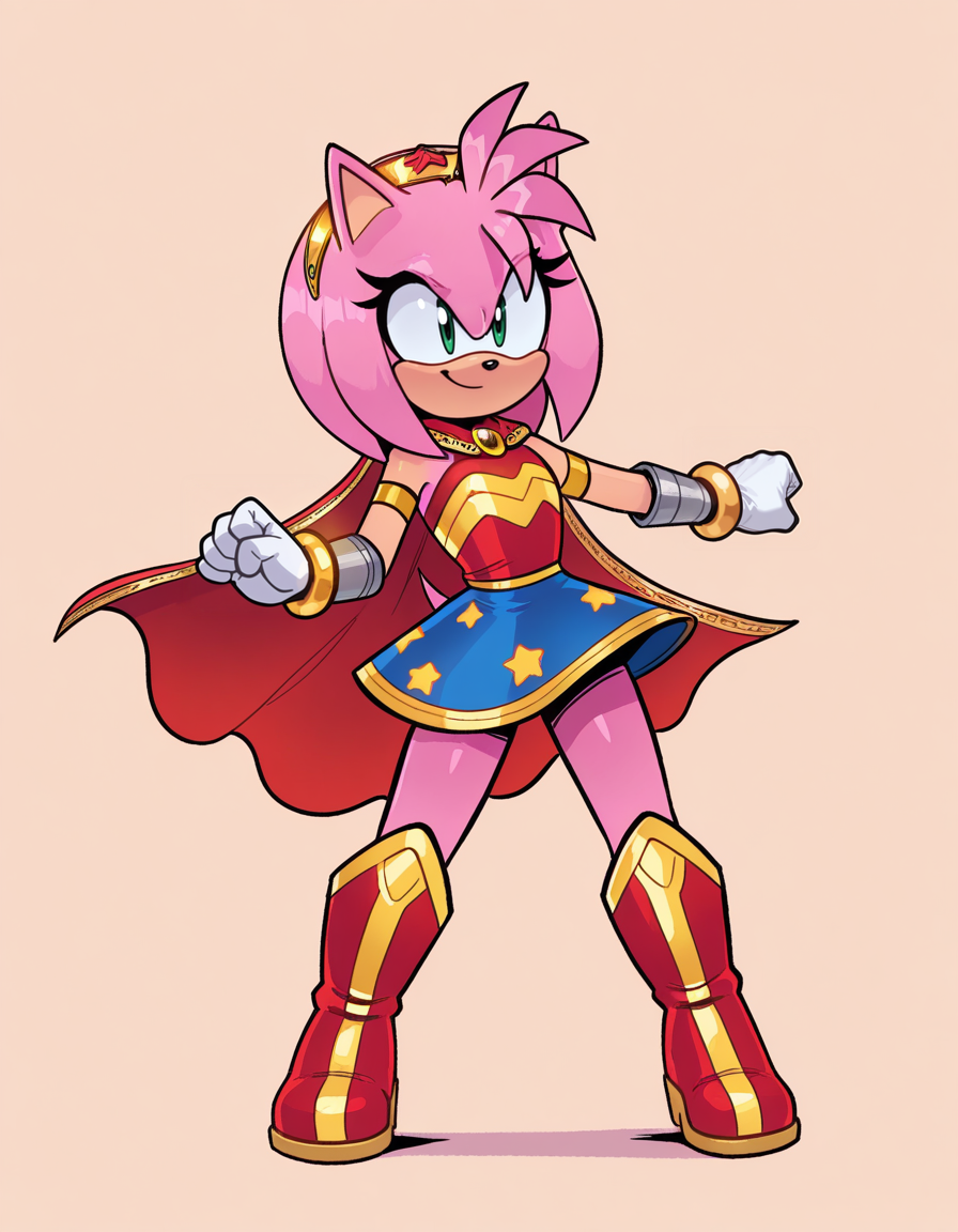 1girl, solo, no humans, petite, standing, jumping lightly, animated expression, twinkling smile, spirited pose,
<lora:WonderAmy_v1:0.9> wonderamy, alternate costume, amy rose, gold trim, red cape, white gloves, bracer, gold hairband, blue skirt, sleeveless, breastplate, armored boots, red boots, star \(symbol\), star print, bare shoulders, armlet, miniskirt, gold brooch, brooch, red shirt, gold bracelet, tail through clothes,
<lora:JamoART_v4:0.9> jamoart, extremely detailed, highres, masterpiece, best quality