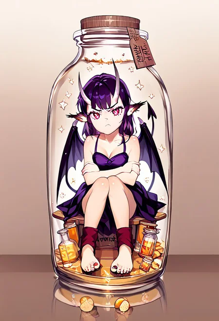 ((Henreader)), SFW, rating_all, score_10, score_8_up, score_7_up, beautiful, realistic, detailed, perfect, quality, vector, flat colors, masterpiece, solo, 1female, Friday, spade tail, demon wings, horns, ear-fluff-tips, sharp toenails, footwear, Friday's dress, looking at viewer, glaring, angry, closed mouth, perfect hands, perfect fingers, crossed arms, perfect feet, perfect toes, tapping foot, concept_pij, inside container, bottle, jar, inside glass, eyesHD, high gradient eyes, detailed eyes, high definition eyes