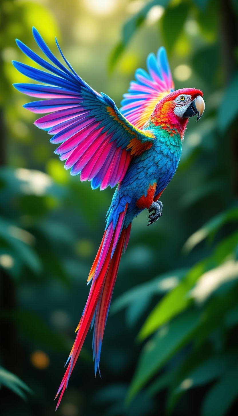 pinkfluxproultrafantasia, 
A vibrant parrot with multicolored feathers that shimmer like prisms in sunlight, flying through a lush rainforest.
