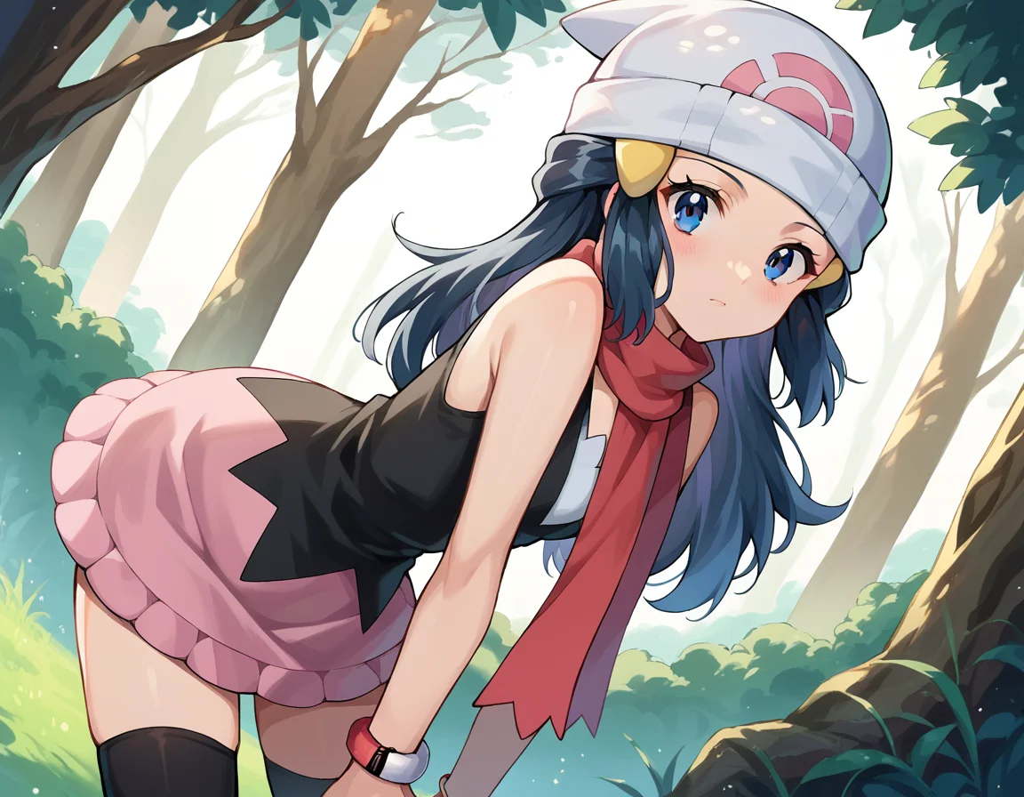 score_9, score_8_up, score_7_up, source_anime,
pokemondawn, <lora:pokemon-dawn-ponyxl-lora-nochekaiser:1>
pokemon dawn, black hair, blue eyes, sidelocks, long hair,
bare shoulders, beanie, black shirt, black socks, bracelet, hat, jewelry, kneehighs, miniskirt, pink skirt, red scarf, scarf, shirt, skirt, sleeveless, sleeveless shirt, white headwear,
outdoors, nature, bent over,
looking at viewer, cowboy shot, dutch angle,