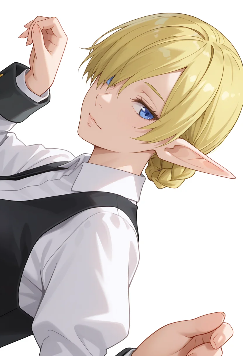 Smooth Quality,masterpiece,very intricate, high quality details, ultra realistic, high detailed skin,detailed enviorement,absurdres, 
simple background, white background, 
dutch angle,dancing,
x3,
 <lora:Kagali_cnn:0.8> 1girl, blonde hair, blue eyes, pointy ears, elf,short hair, braid, hair over one eye,suit, white shirt,