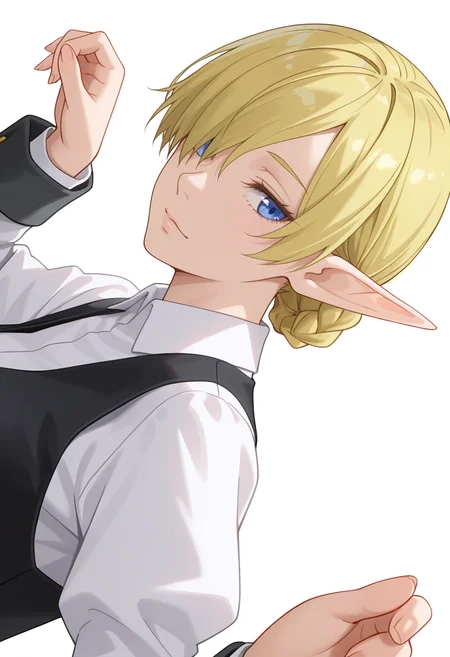 Smooth Quality,masterpiece,very intricate, high quality details, ultra realistic, high detailed skin,detailed enviorement,absurdres,
simple background, white background,
dutch angle,dancing,
x3,
<lora:Kagali_cnn:0.8> 1girl, blonde hair, blue eyes, pointy ears, elf,short hair, braid, hair over one eye,suit, white shirt,