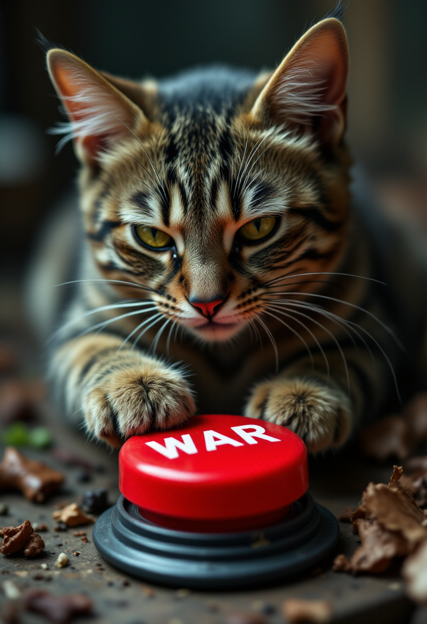 <lora:PCB_Image_Enhancer_for_FLUX:1>
Photo of an evil looking cat pressing a big red button with the label above it "WAR"