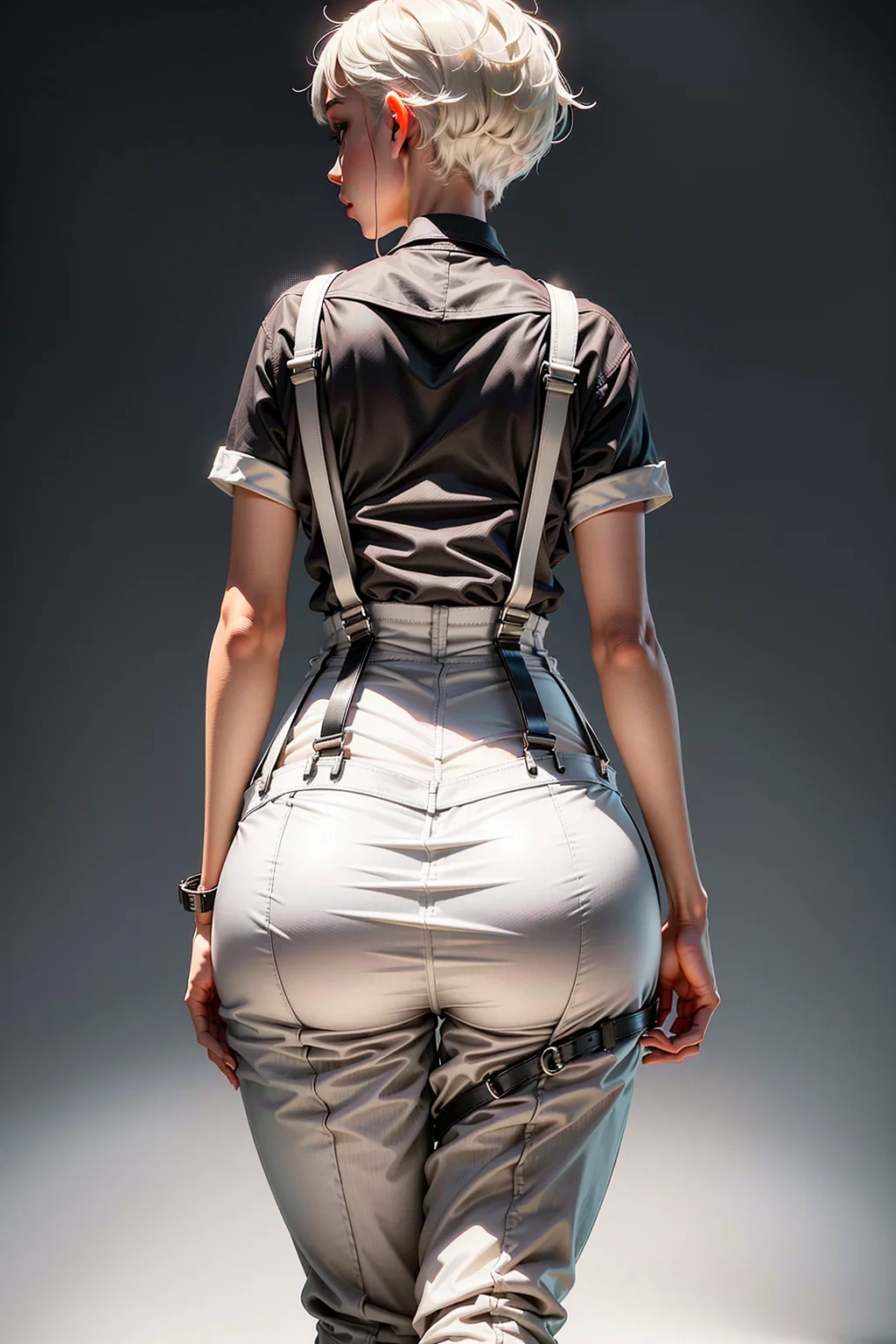 best quality, (photorealistic:1.4), 1girl, (black shirt:1.2), (grey long pants:1.2),(white suspenders:1.4), perfect female figure, full body, from back, white background, short hair, slim