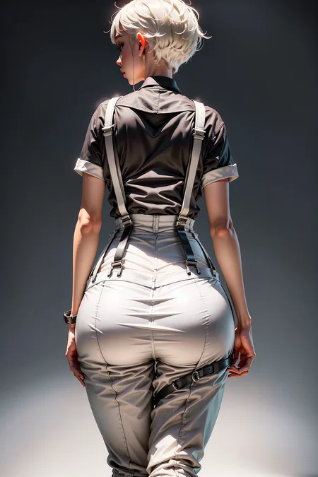 best quality, (photorealistic:1.4), 1girl, (black shirt:1.2), (grey long pants:1.2),(white suspenders:1.4), perfect female figure, full body, from back, white background, short hair, slim
