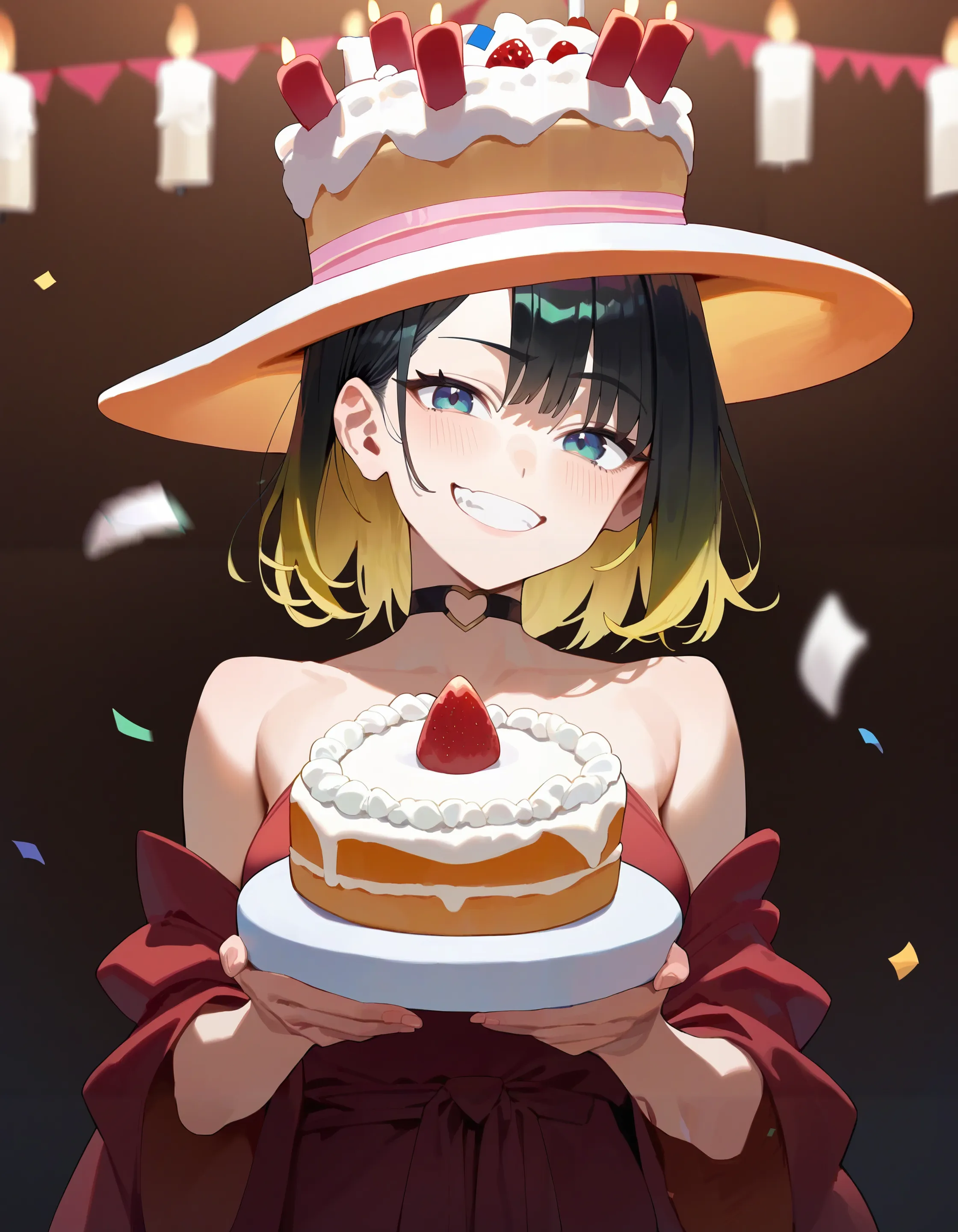 score_9, score_8_up, score_7_up,
1girl, grin, smug, holding cake, cake hat, candle, candles, birthday cake,
happy, blonde hair, black hair, gradient hair, upper body, bokeh, confetti, choker, bare shoulders, 
<lora:concept_cakehat-pony:1>