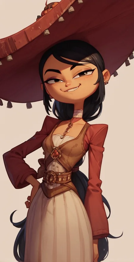score_9,score_8_up,score_7_up,score_6_up, solo, 1girl, hat, black hair, looking at viewer, smug, nose,  <lora:Adelita_Sánchez_Pony_XL_Book_of_Life:1>