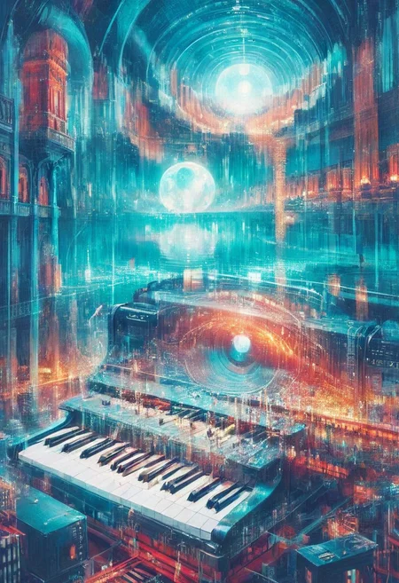 double exposure of opera diva Hatsune Miku with long floating aqua twintails singing high note merging with a printed circuit board of Yamaha electronics chip processor, <lora:DoubleExposure:1>, (head:1.8), <lora:The Phantom of the Opera style:1.5> The Phantom of the Opera style, <lora:loraeyesxl:0.4>