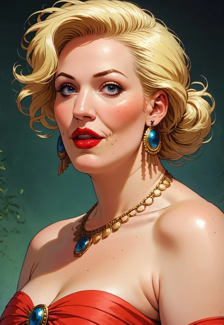 score_9, score_7, score_8, score_6, 1girl, solo, detailed, expressive, masterpiece,
Bianca_C, plump, blonde hair, earrings, bracelet, necklace, lipstick, white opera gloves, long red dress, looking at viewer,
knva, plump, older woman,