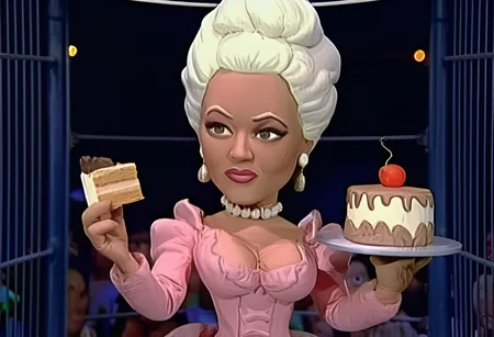 Marie Antoinette as a Celebrity Deathmatch character, with a white bouffant, wearing a fancy pink gown. She is holding a slice of cake. In a ring. 