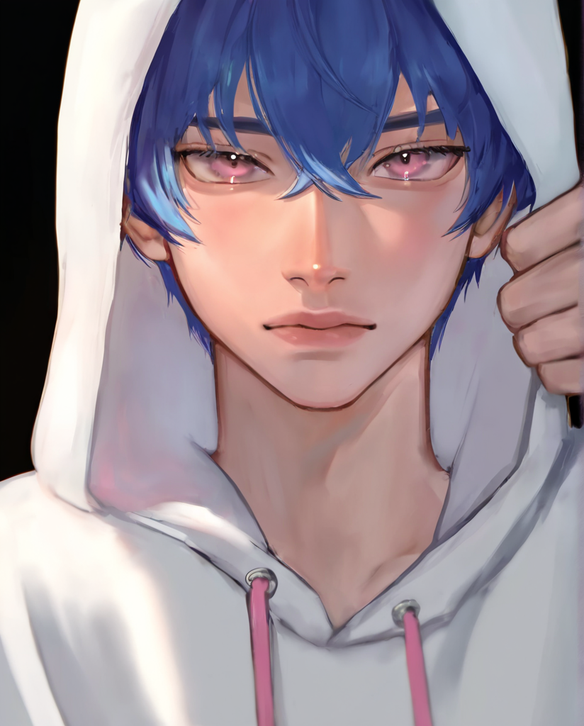 masterpiece, best quality, highres, extremely aesthetic, puririkaaastyle, portrait, upper body, blue hair, pink eyes, white hoodie, 1boy, solo, male focus, standing, looking at viewer, simple background, black background <lora:Puririkaaa - Style v1.0 [LoRA] - NoobAI-XL EPS 1.0:0.8>