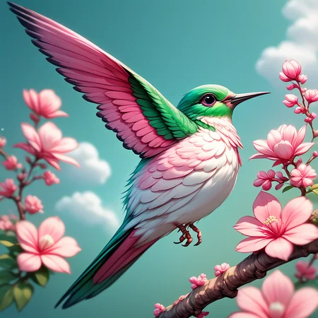 core_9, score_8_up, score_7_up, score_6_up, <lora:Ars_Niji_Style_Pony:1> ArsNijiStyle, Hummingbird, The image is a digital illustration of a hummingbird perched on a branch of pink flowers. The hummingbird is in mid-flight with its wings spread wide and its body slightly tilted to the side. The wings are a vibrant green color with a hint of pink and its beak is a bright red. The branch is covered in pink and white flowers with green leaves and stems. The background is a light blue sky with white clouds. The overall mood of the image is peaceful and serene., no humans, bird, animal focus, flower, branch, blurry, pink flower, depth of field, animal, flying