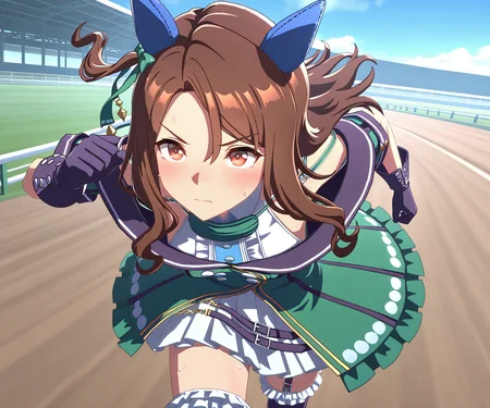 masterpiece, best quality, amazing quality, , 1girl, solo, umamusume, racetrack, running, sweatdrop, sweat, serious, <lora:King Halo in game style 3D ILL-v2:1> ummsmingame, 3d, king halo \(umamusume\),